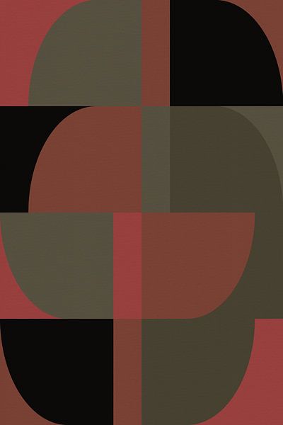 Geometrische Retro-Kunst. Abstrakte Formen in khakigrün, braun, rot. von Dina Dankers