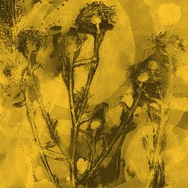 Modern abstract botanical art. Flowers on golden yellow. by Dina Dankers