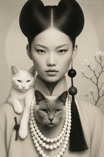 Femme sereine avec des chats