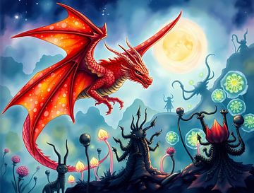 Orange dragon and monsters by Linda de Klein