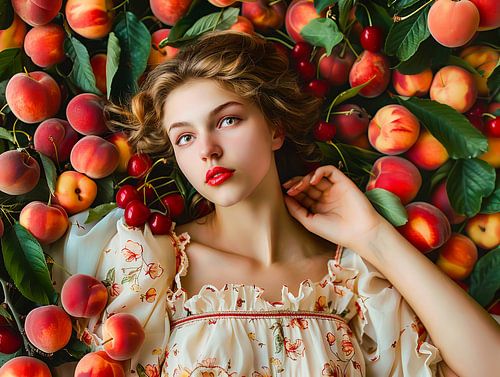 Femme avec des pêches et des cerises