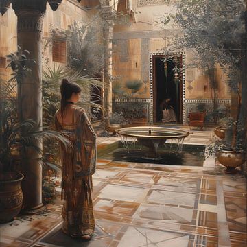 Oriental courtyard with young woman and fountain. by Atmani Blok