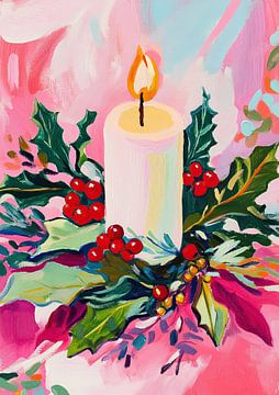 Bougie de Noël | Vibrant Holly and Candle Art