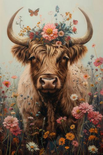 Floral Majestic - Scottish Highlander in Floral Sea