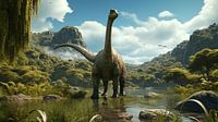 Panorama Juravallei gebergte, met Brachiosaurus dinosaurus, illustratie van Animaflora PicsStock thumbnail