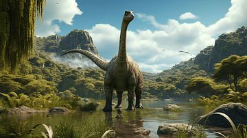 Panorama Juravallei gebergte, met Brachiosaurus dinosaurus, illustratie van Animaflora PicsStock