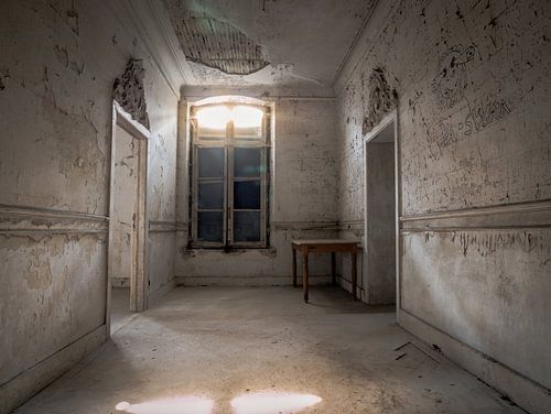 Kasteel / Chateau Hogemeyer, België - Urbex / hal / deuropening / tafel / raam / lichtinval / grijs