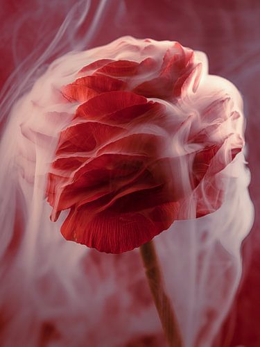 Vurige Elegantie – Stromende rook over de rode bloem van Marjolijn van den Berg