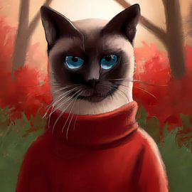 Funny portrait of a Siamese cat with red turtleneck and blue eyes by Maud De Vries