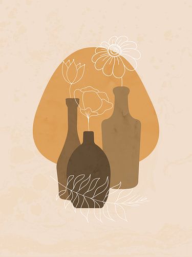 Nature morte illustrée de trois fleurs dans trois bouteilles