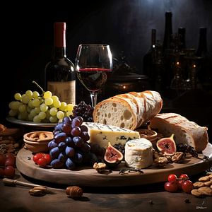 stilleven van wijn, kaas en brood sur Gelissen Artworks