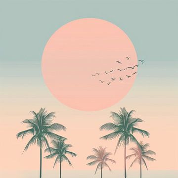 Palmbomen en vogels bij zonsondergang van Poster Art Shop