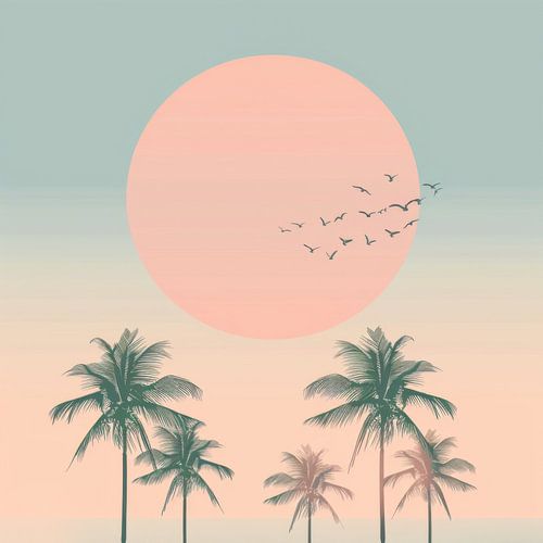 Palmbomen en vogels bij zonsondergang