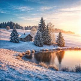Verschneite Hüttenlandschaft mit Teichreflexion