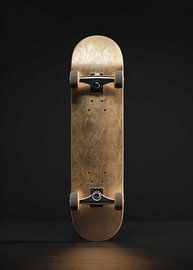Goldfarbenes Skateboard-Deck mit schwarzen Achsen und Rädern von Morgan