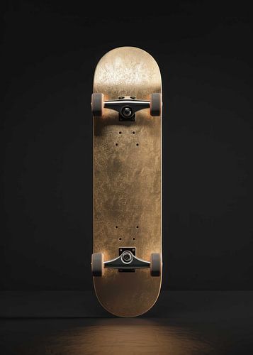 Golden skateboard deck with black trucks and wheels
