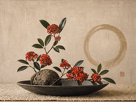 Japanisches Ikebana-Blumenarrangement mit roten Beeren im Zen-Stil