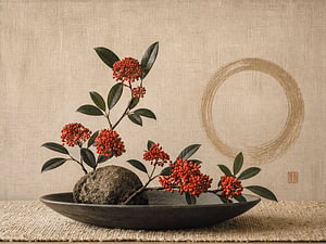 Composition florale japonaise « ikebana » avec des baies rouges, dans un style zen
