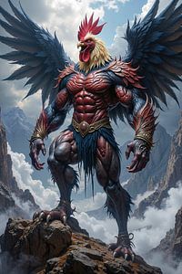 Fantasy Wall Art: ROOSTER – An Animal Guardian Stands on a Mountain Peak