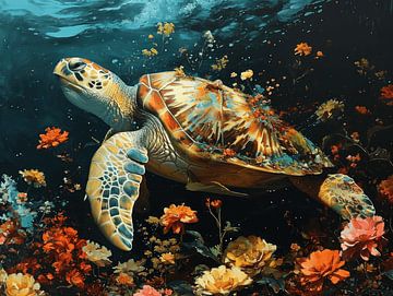 Aquatic Ballet in Blossom Sea | tortue de mer sur Eva Lee