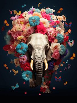 Explosie van bloemen en olifant | kleurrijk van Eva Lee