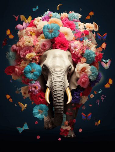 Explosion de fleurs et d'éléphants colorés