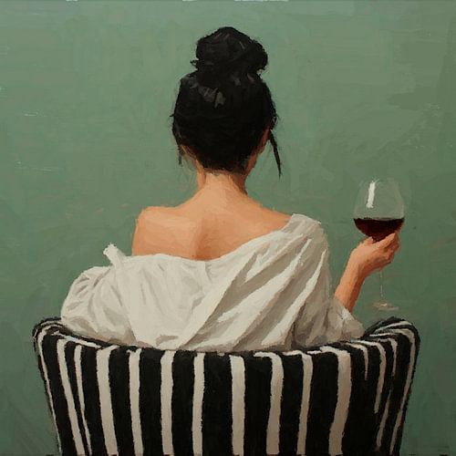 A portrait of a young woman sitting on a striped sofa with a glass of wine.