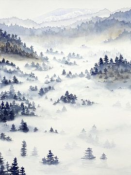 Mistig landschap op een koude winter ochtend (aquarel schilderij landschap bomen bos bergen behang) van Natalie Bruns
