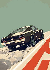 Une muscle car vintage s'élance d'une rampe dans un nuage de fumée de pneus
