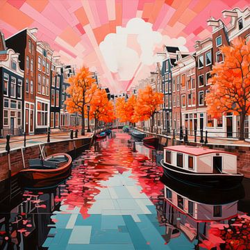 Modern Amsterdam, impressionistisch abstract beeld van een Amsterdamse gracht van René van den Berg