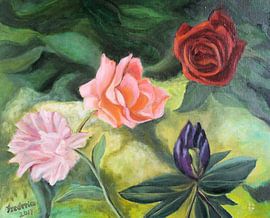 Symphony of Flowers - Three Roses and a Rhododendron by fdgArtworks