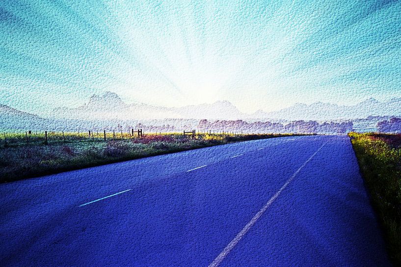 Berge und eine Landstrasse bei Sonnenaufgang mixed media von Werner Lehmann