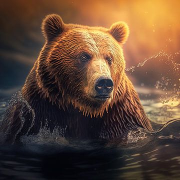 Brown bear in water by Digital Art Nederland