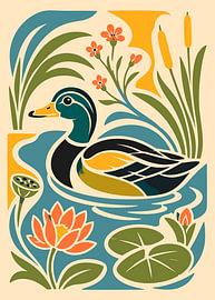 Stylized Mallard Duck in Pond by Karomah Project