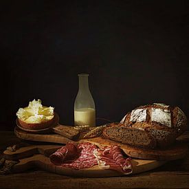 Still life with rustic bread,cheese,salami and milk. by Saskia Dingemans Awarded Photographer