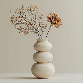 A wabi-sabi Japandi vase with dried flowers.