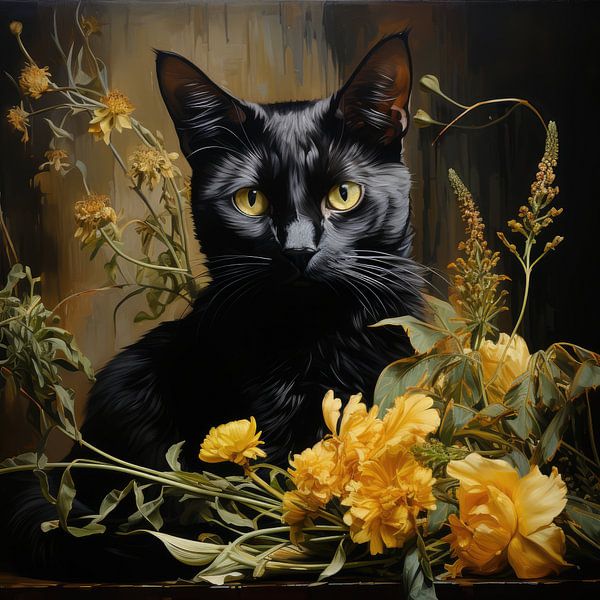 Black Cat and Flowers by Erika Kaisersot