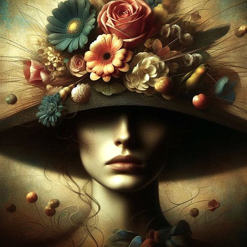 Portret van een vrouw met een hoed en bloemen