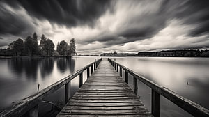Anlegestelle an einem See im schwarz-weißen Tapetenhintergrund