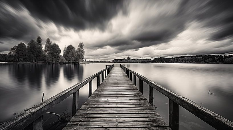 Anlegestelle an einem See im schwarz-weißen Tapetenhintergrund von Animaflora PicsStock
