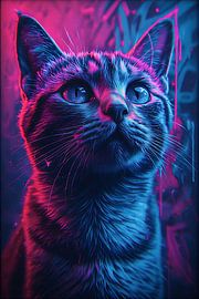 Portrait de chat néon cyberpunk - Illustration artistique d'animal de compagnie aux couleurs vives et futuristes, en bleu et rose sur VICTOR S