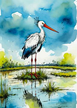 Ooievaar aquarel van MIROKKU