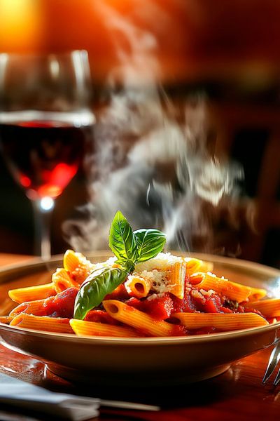 Dampfenede Pasta mit Rotwein – Genussmoment von Poster Art Shop