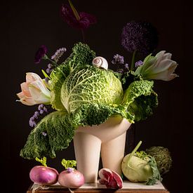 Still life green cabbage with turnip greens and kohlrabi by Willy Sengers