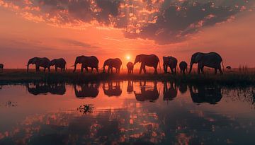 Troupeau d'éléphants au coucher du soleil panorama sur TheXclusive Art