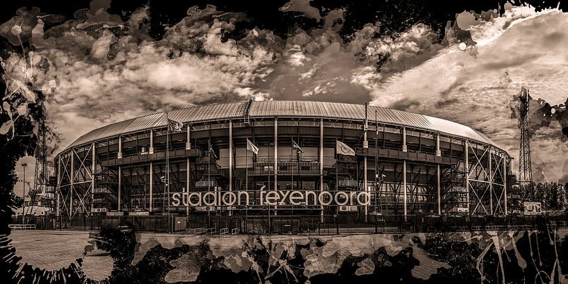 waterval vlotter Vooruitzicht Feyenoord ART Rotterdam Stadion "De Kuip" Sepia van MS Fotografie | Marc  van der Stelt op canvas, behang en meer
