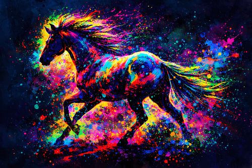 Dynamisch wildpaard in een neonkleurenpracht – Abstract popartschilderij