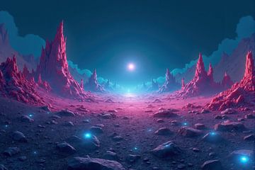 Roze buitenaards planeetlandschap met gloeiende rotsen en verre zon van Markus Gann