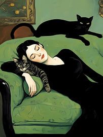 Slapende vrouw met katten