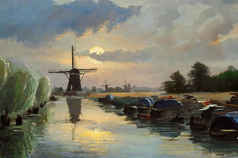 Molen langs de waterkant bij zonsondergang van Cor Schouten